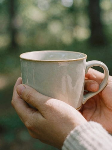 Macro close-up of a warm ceramic mug held by hands, soft linen sleeves, dappled morning forest light filtering through leaves, 35mm film