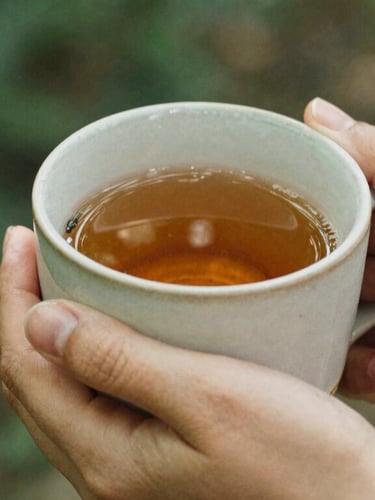 A close-up of hands holding a warm ceramic mug filled with herbal tea, soft linen textures, diffused natural daylight, shallow depth of field, 35mm film.