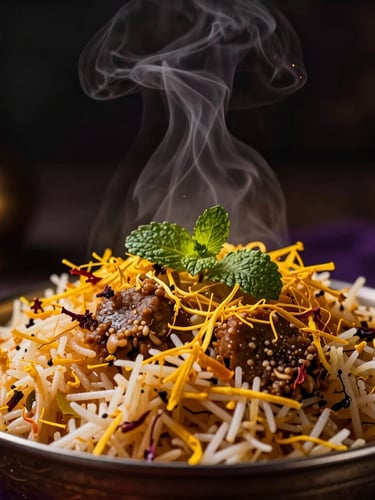 Dramatic low-key close-up of steaming heritage Biryani topped with saffron threads and fresh mint, warm golden highlights, dark moody background, 50mm lens