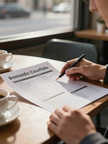 Portrait-orientation shot of a Pomodoro team member reviewing a printed content layout on a restaurant table, warm afternoon window light, coffee cup visible at the edge, hands on paper