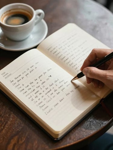 Close overhead shot of a worn notebook open on a café table, hand-drawn content grid sketched in ink, a ceramic espresso cup at the corner, warm natural north-facing daylight, no flash