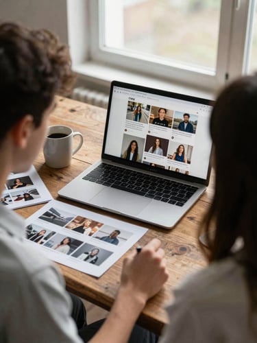 Two people seated at a rough wooden table reviewing a laptop screen showing a social media grid, flat lay of printed photo sheets and a coffee mug nearby, soft north-facing window light, no flash, documentary framing