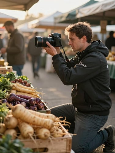 Agency team member kneeling to photograph a market stall at golden hour, camera raised, wooden crates of root vegetables in foreground, shallow depth of field, warm raking light from the left