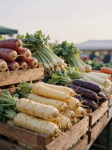 Wide environmental shot of a farmers market stall being arranged at early morning, wooden crates of root vegetables stacked left, soft diffused daylight from the right, no people visible