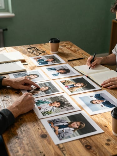 Wide shot from slightly above, agency team reviewing printed content layouts spread across a worn wooden table, warm north-facing daylight falling from the left, one pair of hands pointing at a photograph, notebooks and a coffee cup visible at the edge, matte forest green wall in the background — no faces, no screens