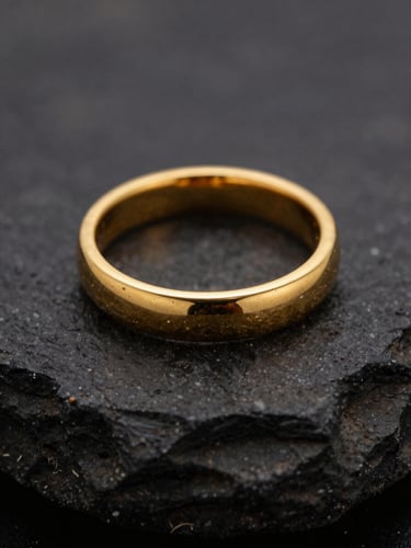 Macro close-up of a finished 22-karat gold ring resting on textured dark stone, dramatic side-lighting highlighting the gold grains