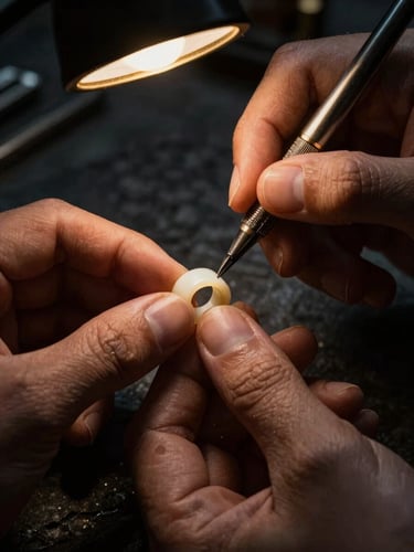 Macro close-up of a jeweler's hands meticulously carving a delicate wax ring mold, dramatic side-lighting, warm gold spotlights, dark textured stone background