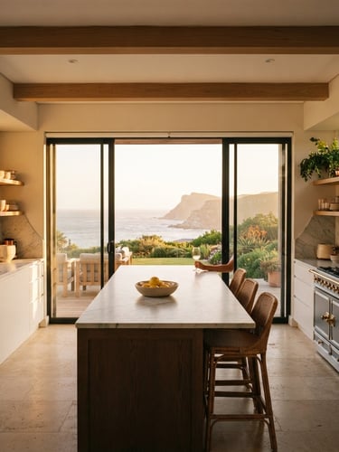Wide-angle architectural interior of a sun-drenched minimalist villa kitchen on the Garden Route, marble countertops, ocean view visible through expansive glass doors, warm golden-hour light.