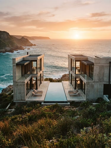 Symmetrical architectural perspective of a modern minimalist concrete villa overlooking the turquoise ocean in Knysna, warm golden-hour sunlight, 35mm film aesthetic.