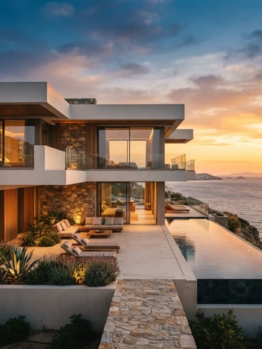 Wide-angle architectural photograph of a modern minimalist villa facade overlooking the ocean at sunset, clean lines, warm golden-hour light.