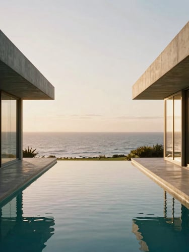 Symmetrical architectural perspective of a modern concrete and glass villa overlooking the ocean, soft golden-hour light reflecting on a clean pool surface