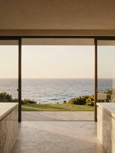 Symmetrical architectural perspective of a minimalist luxury villa interior, warm morning coastal light illuminating marble countertops and clean lines, looking out towards the ocean.