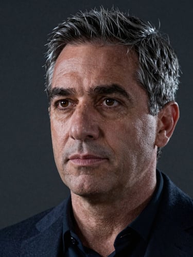 Cinematic medium-close up of Pablo David Benítez teaching, single-source key lighting with silver highlights, deep charcoal background, shallow depth of field, natural and authoritative expression.