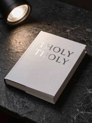 Minimalist book cover mockup of a theology book on a dark stone table, dramatic single overhead light, silver foil typography