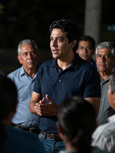 Cinematic low-light medium shot of Pablo David Benítez speaking to a group of local community leaders, single-source key lighting creating dramatic silver highlights, focus on genuine interaction, natural depth of field.