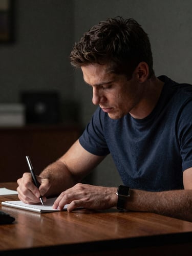 Cinematic medium shot of Pablo David Benítez writing at a dark wooden desk, single key light casting soft silver highlights, moody low-light background, shallow depth of field
