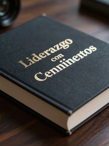 Cinematic close-up of a premium hardback book titled Liderazgo con Cimientos resting on a dark wooden desk, soft side-lighting highlighting the silver foil lettering, moody shadows.