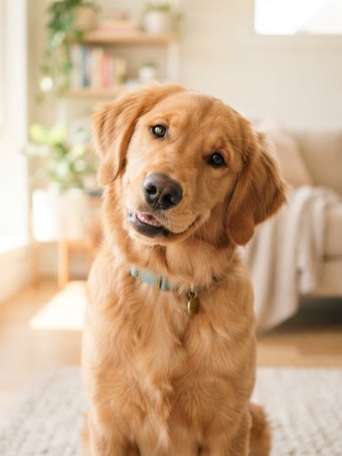 Bright, warm portrait of a happy golden retriever looking inquisitively, head tilted, in a modern, sunlit home, shallow depth of field, 35mm lens, soft pastel tones