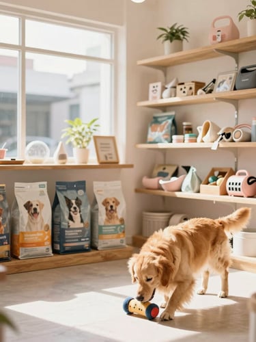 Bright, airy interior of a modern pet shop on Narra Street, Cebu, with clean wooden shelves stocked with premium dog food bags and stylish pet accessories. Soft natural daylight streams through the windows, illuminating a friendly golden retriever dog happily sniffing a toy in the foreground. Warm lifestyle photography, soft pastel tones, shallow depth of field.