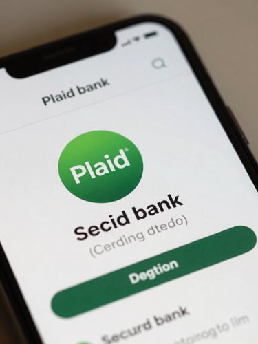 Tight macro shot of a mobile device screen displaying a secure Plaid bank connection interface, bright neutral daylight, crisp details.