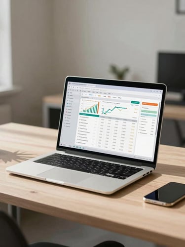 Wide-angle environmental shot of a clean, realistic workspace with a laptop showing a structured financial dashboard, bright daylight, neutral tones.