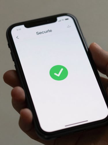 A tight macro shot of a mobile device displaying a secure Plaid connection screen with a successful validation checkmark, bright neutral daylight, high-fidelity UI.