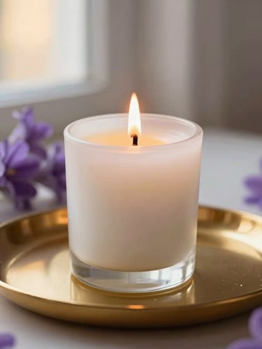 An elegant white candle burning slowly on a golden tray, subtle purple flowers in the background, soft warm lighting, shallow depth of field, refined editorial style