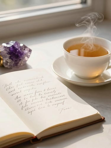 An open notebook with reflections written in elegant script next to a cup of herbal tea, soft morning sunlight, amethyst crystal resting nearby, warm and peaceful setting