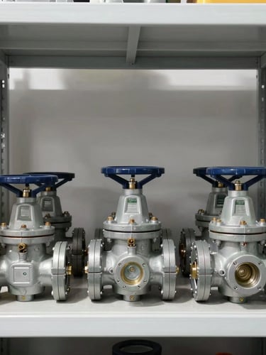Straight-on eye-level shot of neatly organized mechanical MEP components and industrial valves on a clean warehouse shelf, bright natural daylight, sharp focus, 35mm lens