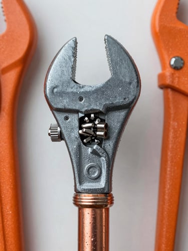 Close-up of professional plumbing tools, heavy wrench gripping a copper pipe, high-contrast industrial lighting, orange and charcoal tones, sharp focus