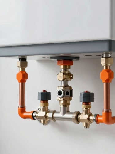 Close-up of a modern domestic boiler system installed neatly on a clean wall, precise copper piping, bright natural lighting, professional installation.