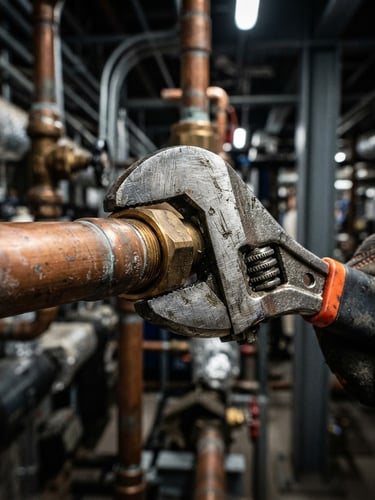 Macro detail of a professional wrench tightening a copper pipe joint, high-contrast industrial lighting, sharp focus, metallic reflections with orange accent tones.