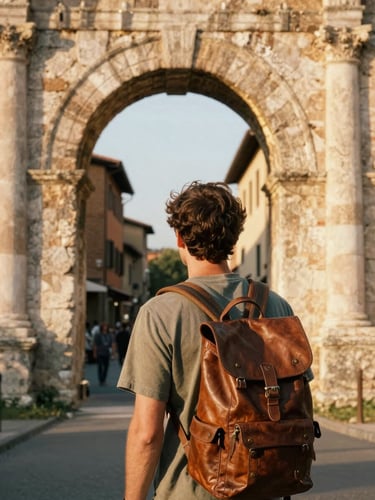 A traveler with a leather backpack looking out at a sun-drenched ancient stone archway in Italy, golden hour warmth, analog film style.