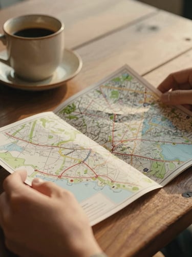 Close up of hands holding a printed map on a wooden table next to a rustic coffee cup, soft morning light, warm cinematic tones
