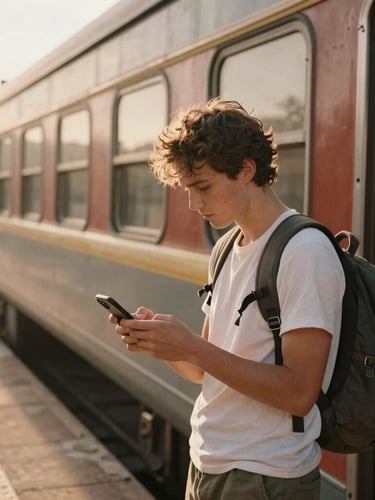 Candid lifestyle shot of a traveler looking at their phone on a rustic train platform, warm sun flares, analog film style