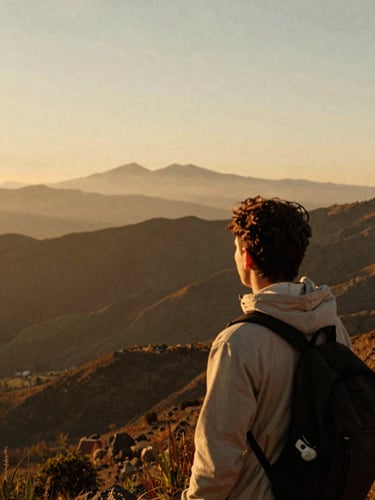 Cinematic warm 35mm photo of a traveler looking at a vast mountain horizon in Oaxaca, golden hour light, soft analog film grain.