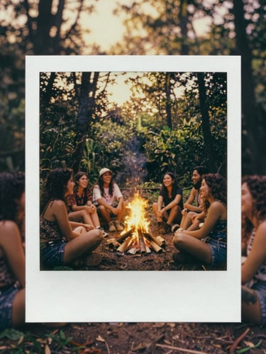 Warm analog Polaroid-style photo of a group of friends sitting around a campfire in a lush forest near CDMX, laughing, golden hour.