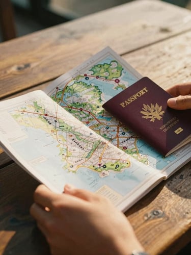 Close-up of hands holding a beautifully printed physical travel map and a passport on a rustic wooden table, warm morning light, cinematic depth of field.