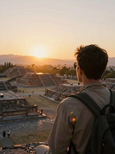 A traveler from behind looking at a golden hour sunset over ancient ruins in Oaxaca, warm sun flare, cinematic analog film tones, 35mm lens, shallow depth of field.