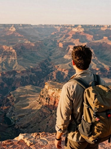 A traveler with a backpack looking out over a vast canyon in northern Mexico, warm golden hour sunlight, analog film grain, cinematic travel photography