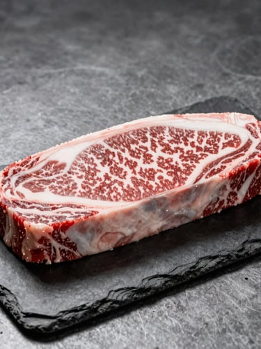 Sharp industrial photography of a premium marbled beef cut on dark slate, cool steel tones, focused spotlight highlighting freshness, 35mm