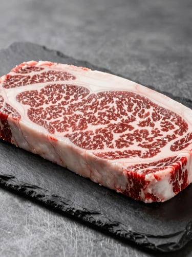 Close-up of premium marbled raw beef cut resting on a dark slate slab, dramatic side lighting, steel gray background, sharp focus on meat texture, 35mm