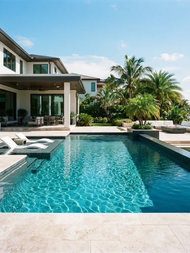 A wide architectural shot of a luxury residential swimming pool in Tampa, bright Florida sunlight reflecting off pristine, crystal-clear turquoise water, minimal clean design, 35mm