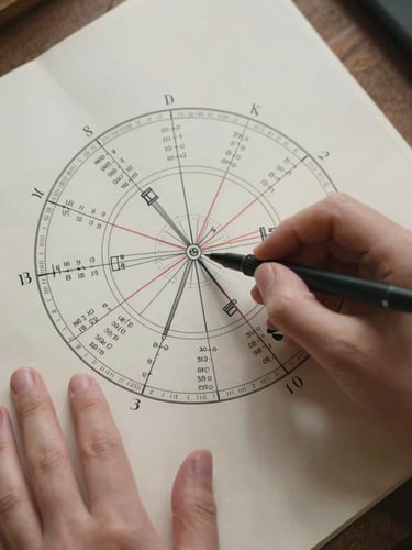 Close overhead view of hands using a pen to annotate a printed natal chart wheel on a pale paper surface, natural north-facing daylight casting soft shadows across the chart lines, ink notations visible in the margins