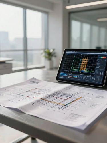 A clean architectural site office interior with a large technical blueprint laid out on a steel table, a digital tablet displaying real-time construction progress charts next to it, bright morning light.