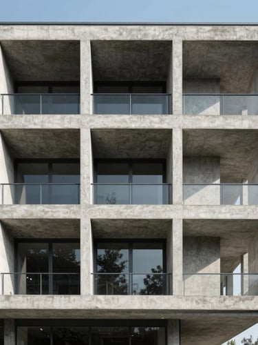 Straight-on architectural elevation of a modern concrete and steel building under bright natural daylight, emphasizing structural form and clean lines, high contrast.