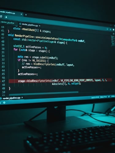 High-fidelity screenshot of a browser-based code editor, dark theme, with glowing neon-cyan syntax highlighting. A complex C++ function is partially visible, with a debugger breakpoint active. Moody tech photography, screen-glow reflections, macro lens, cinematic depth of field.