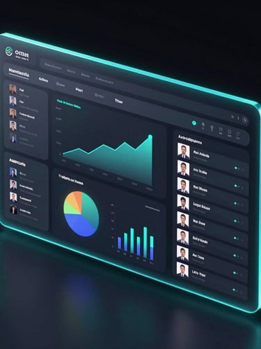 Sleek 3D render of a dark-mode agency dashboard interface showing active marketing performance graphs and employee rosters, glowing cyan borders, premium glassmorphic cards, isometric angle, octane render