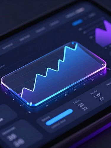 Sleek close-up of a dark mode analytics dashboard showing neon blue and purple line graphs, glassmorphic card overlays, and clean data typography.