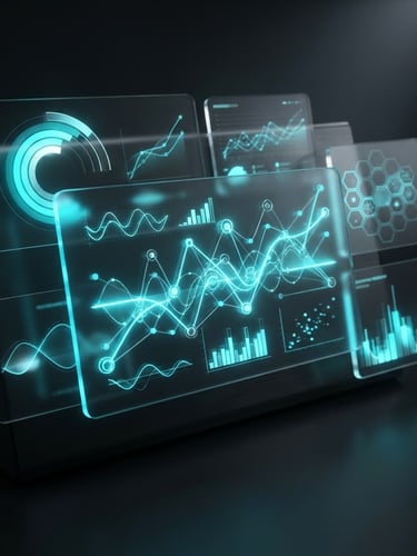 Sleek 3D render of a dark-mode dashboard interface, glowing neon cyan charts, glassmorphic panels refracting light, dramatic low-key studio lighting, octane render